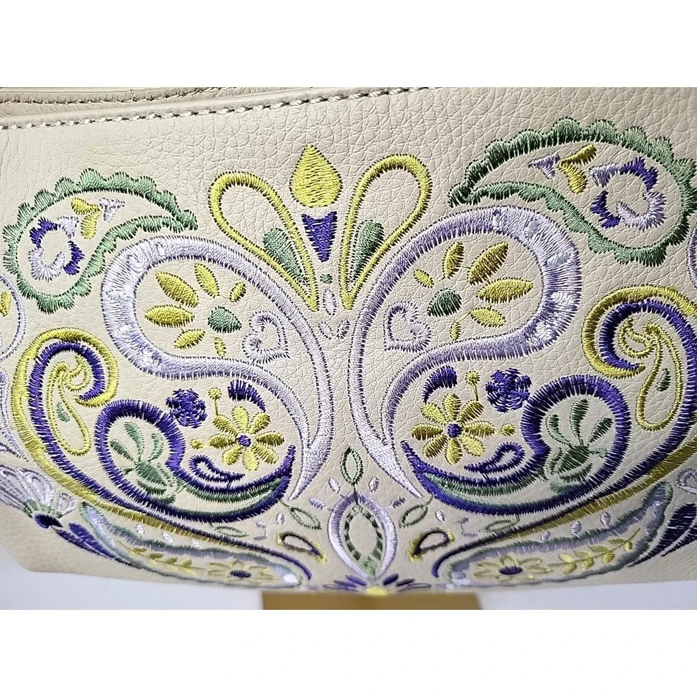 Retired HOBO Pier Ivory Leather Shoulder Bag Paisley Embroidered Boho Authentic